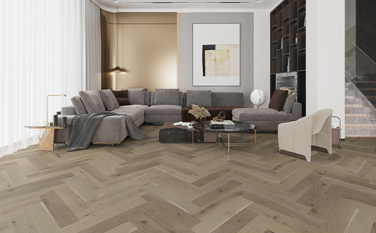 herringbone flooring in living room 